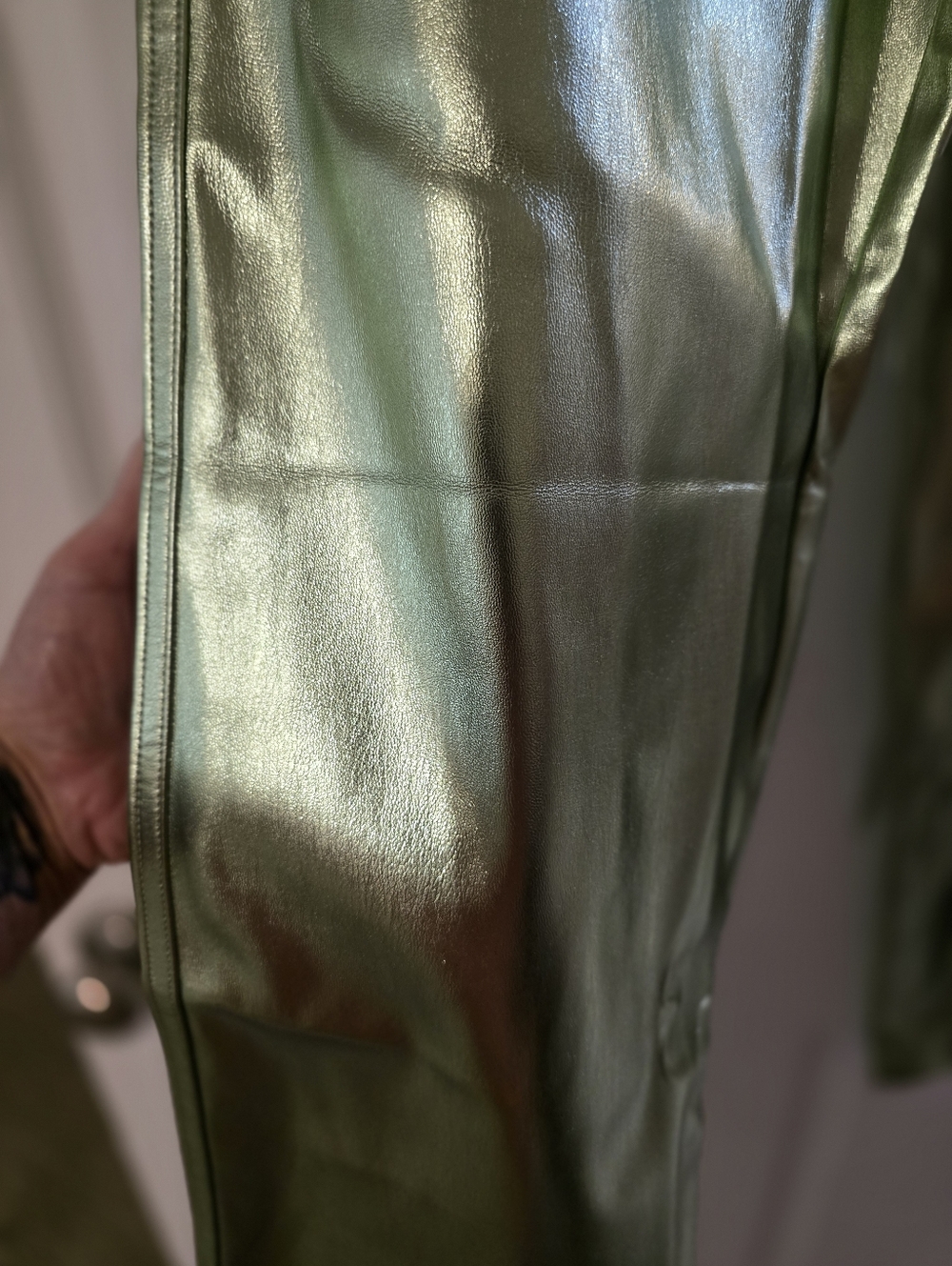 Topshop Metallic Green High-Waist Straight Leg Pants - Picture 2 of 4